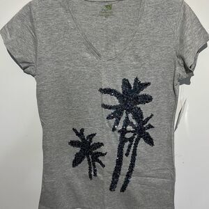 Palm Harbour Women's Gray Sequined V-Neck Short Sleeve T-Shirt Petite Small NWT